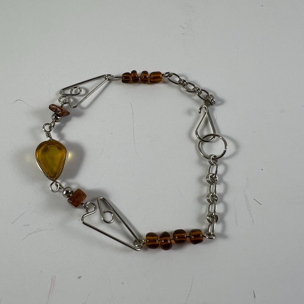 Handcrafted Silver Chain Bracelet With Amber-Colored Beads & Teardrop Pendant